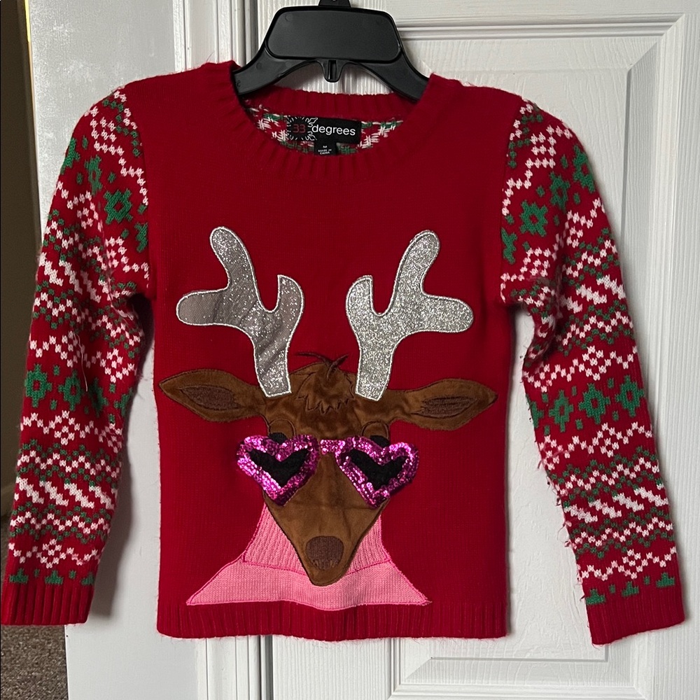 Red Reindeer Sweater with Silver and Pink Accents